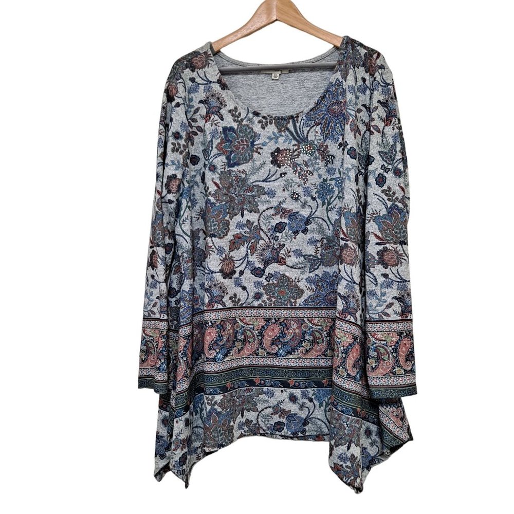 Paisley Top Women Size XXL Gray Long Sleeve Tunic Blouse Handkerchief Floral